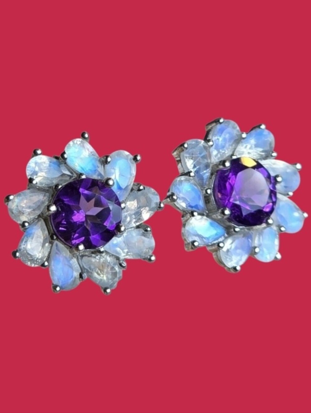 925 Sterling Silver Flower Earrings With Natural Amethyst 7mm & Moonstone Gems